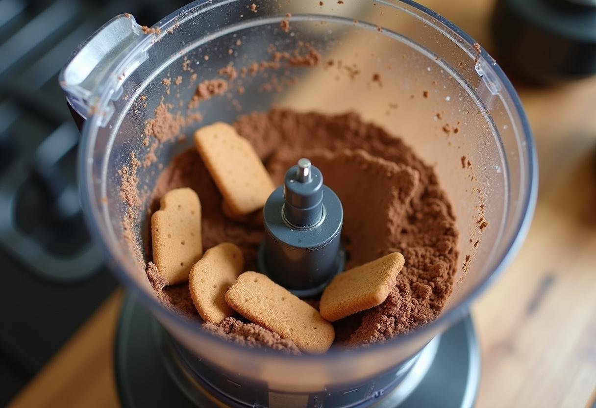 Preparando os ingredientes para o salame de chocolate bimby com biscoitos e cacau na mistura.