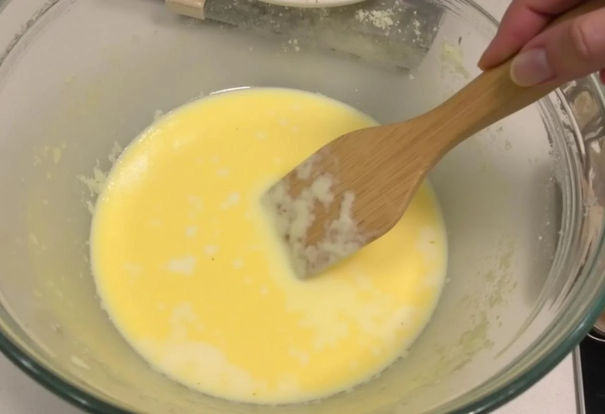 Misturando manteiga derretida e leite condensado na mistura do salame de chocolate bimby.