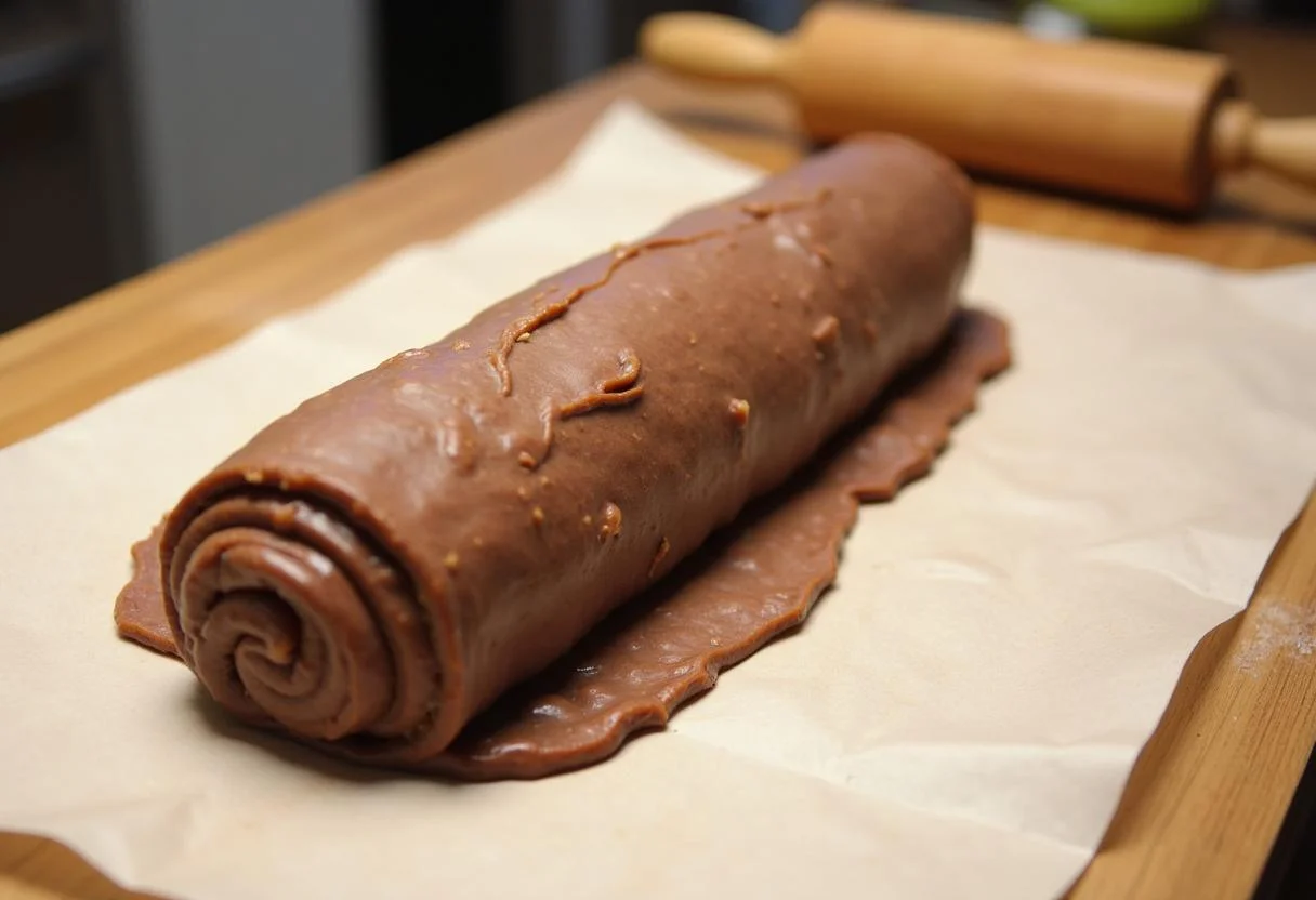 Massa de salame de chocolate bimby sendo moldada em um tronco sobre papel manteiga.