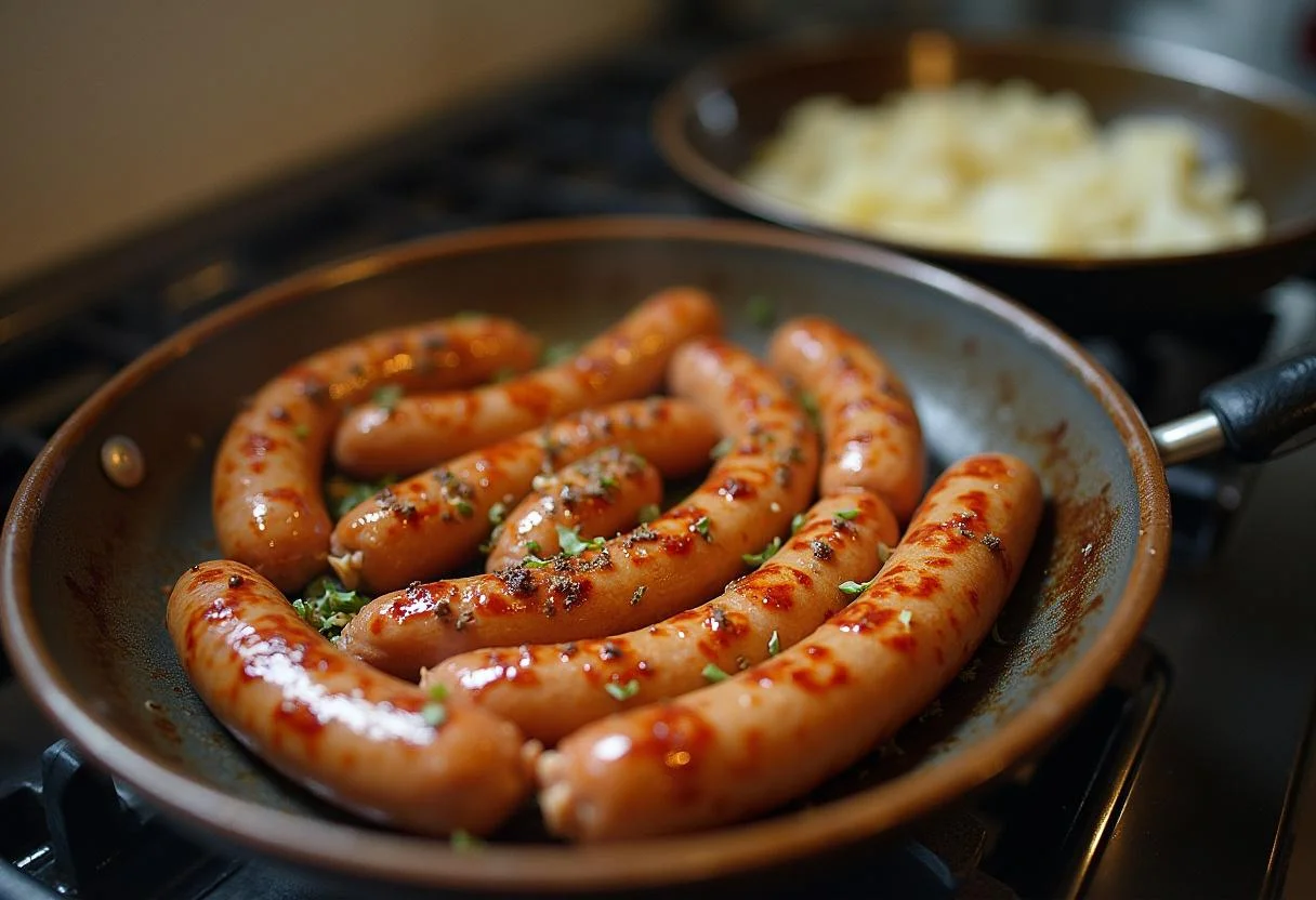 Cozinhando as salsichas numa frigideira para deliciosas salsichas com couve lombarda.