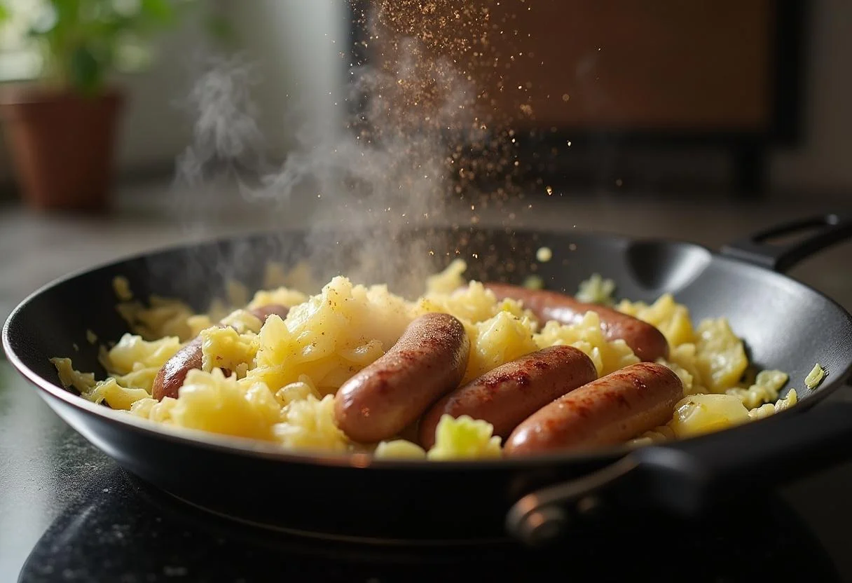 Misturando a couve refogada com as salsichas para salsichas com couve lombarda.