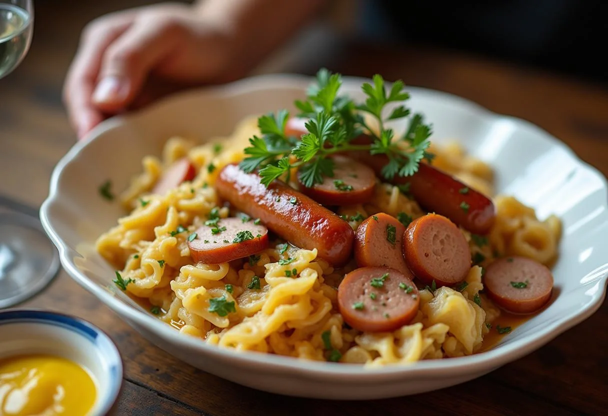 Servindo um prato com salsichas com couve lombarda pronto para desfrutar.