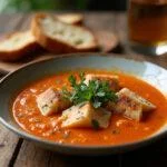 Sopa de peixe receita finalizada em um prato, perfeita para uma refeição tradicional portuguesa.