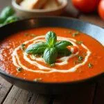 Sopa de tomate cremosa servida com manjericão fresco, perfeita para um delicioso jantar.