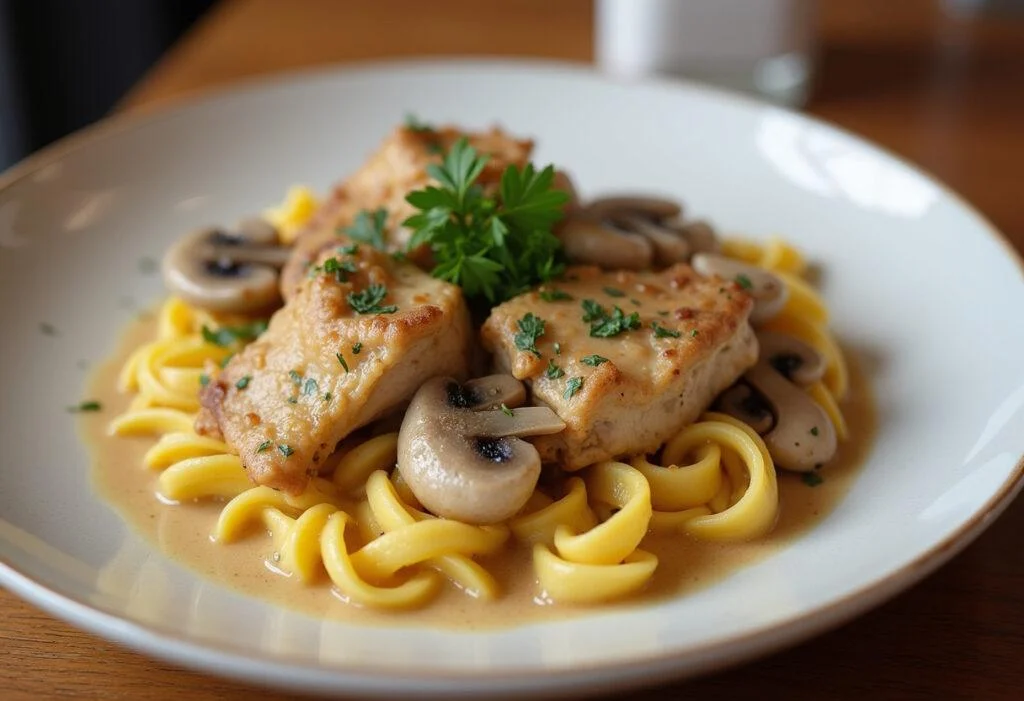 Finished strogonoff de frango com natas, a delightful dish complete for serving.