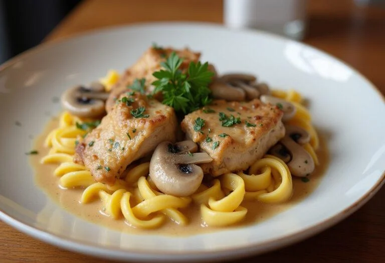 Finished strogonoff de frango com natas, a delightful dish complete for serving.
