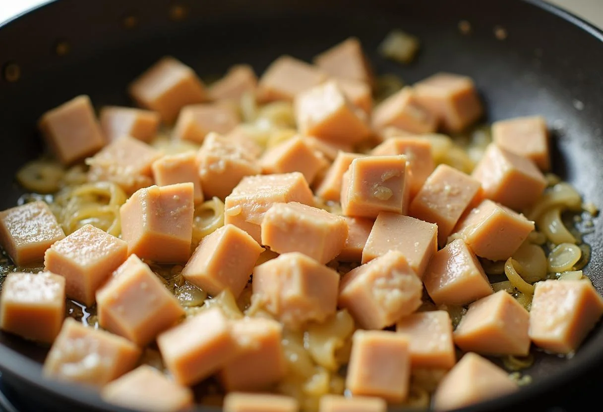 Diced chicken breast sautéing with onions and garlic for strogonoff frango com natas.