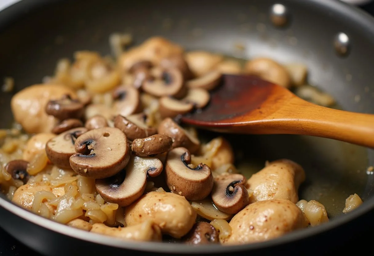 Sautéed mushrooms being added to the chicken mixture for strogonoff frango com cogumelos e natas.