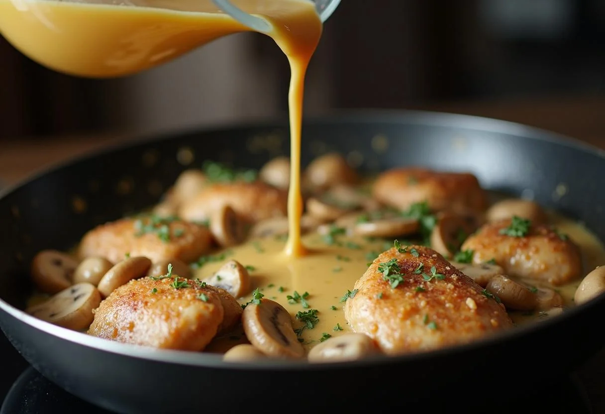 Creamy sauce being added to the chicken and mushrooms for making strogonoff frango com natas.