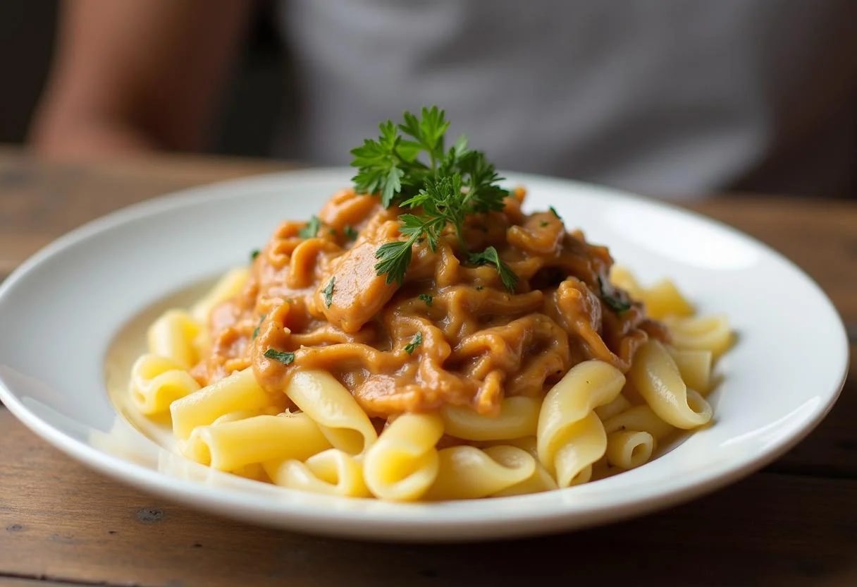 Strogonoff de frango com natas served over pasta for a delicious meal.