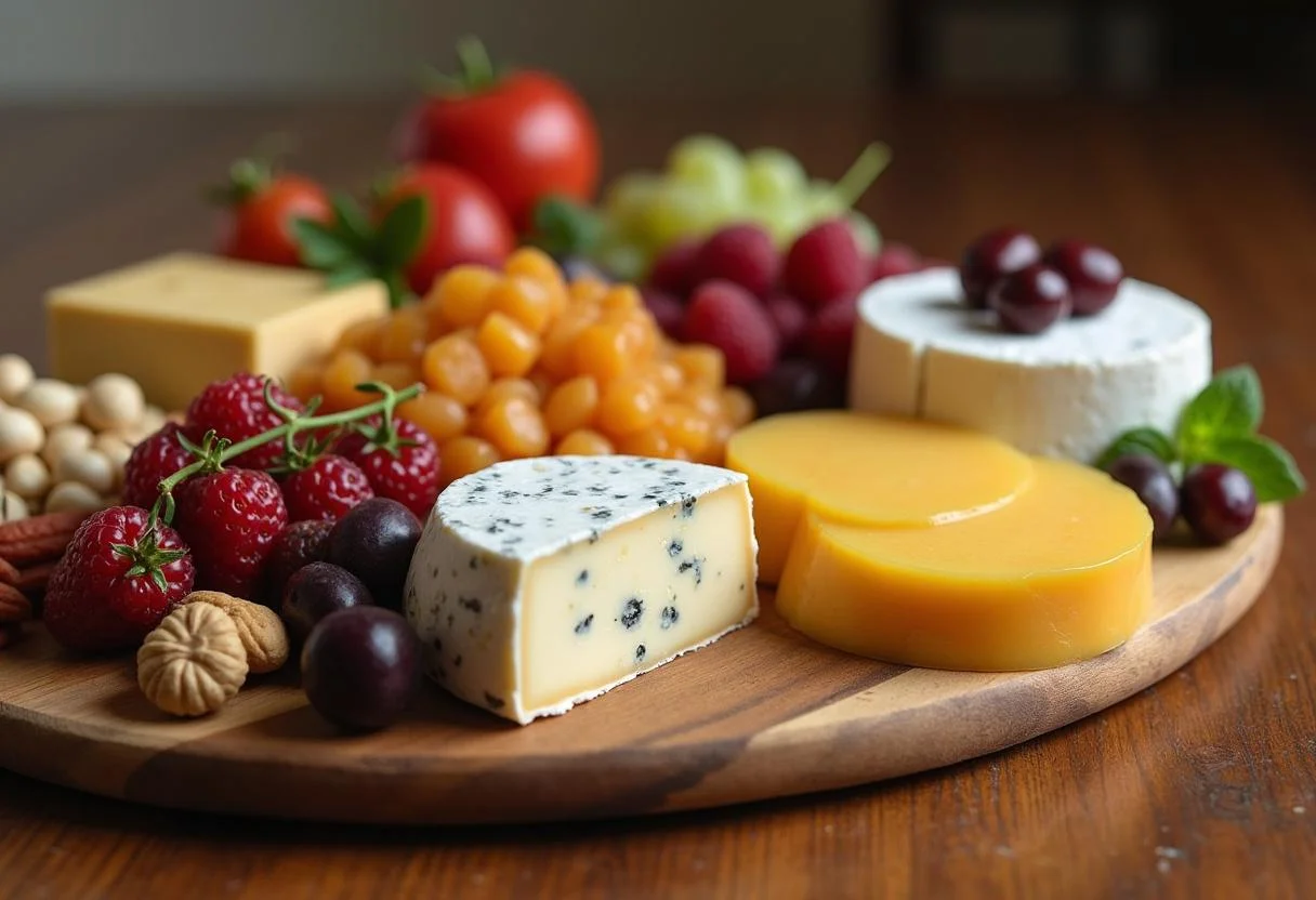Frutas frescas, nozes e azeitonas adicionadas à tábua de queijos para uma apresentação sofisticada.