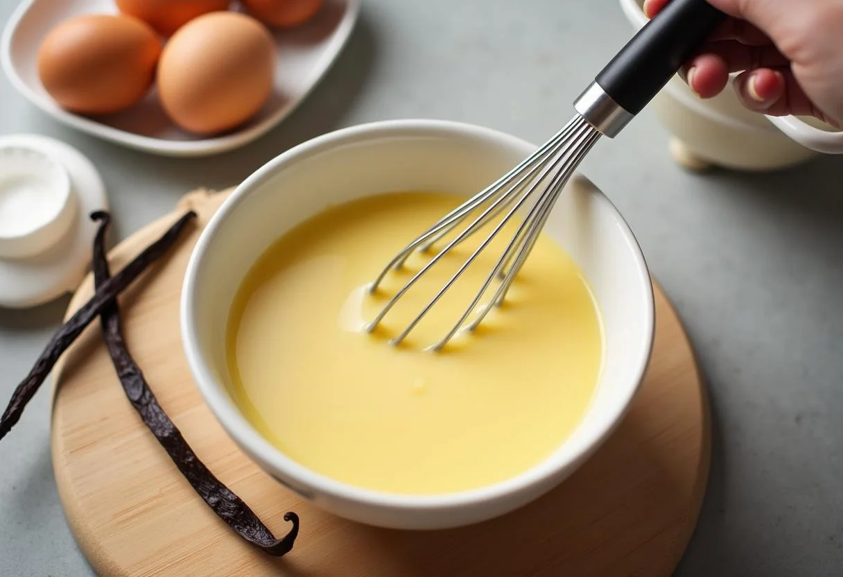 Mistura cremosa de gema de ovo para tarte de nata receita a ser batida numa tigela.