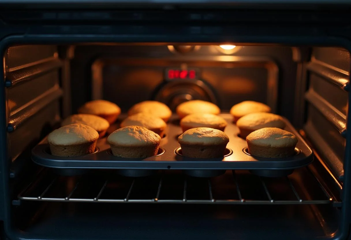 Tabuleiro de queques com tarte de nata recheada a ser colocado no forno para assar.