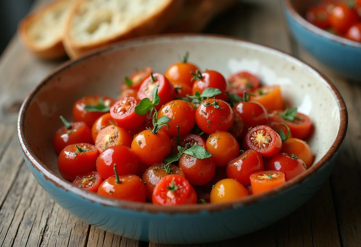 Finished Tomate Cherry Salteado served with crusty bread, ideal for sharing.