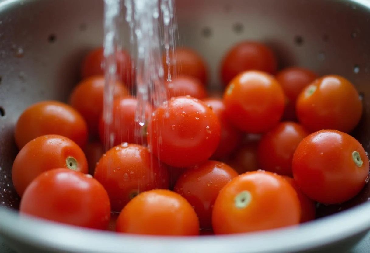 Vibrant tomate cherry being rinsed for the Tomate Cherry Salteado recipe.