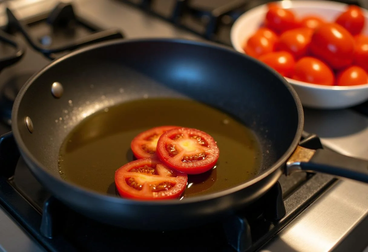 Olive oil heating in a skillet for making Tomate Cherry Salteado.