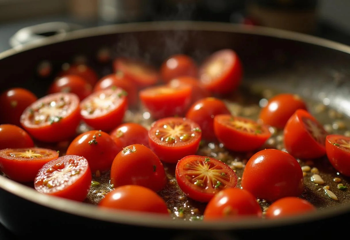 Halved tomate cherry being sautéed with garlic for the Tomate Cherry Salteado.