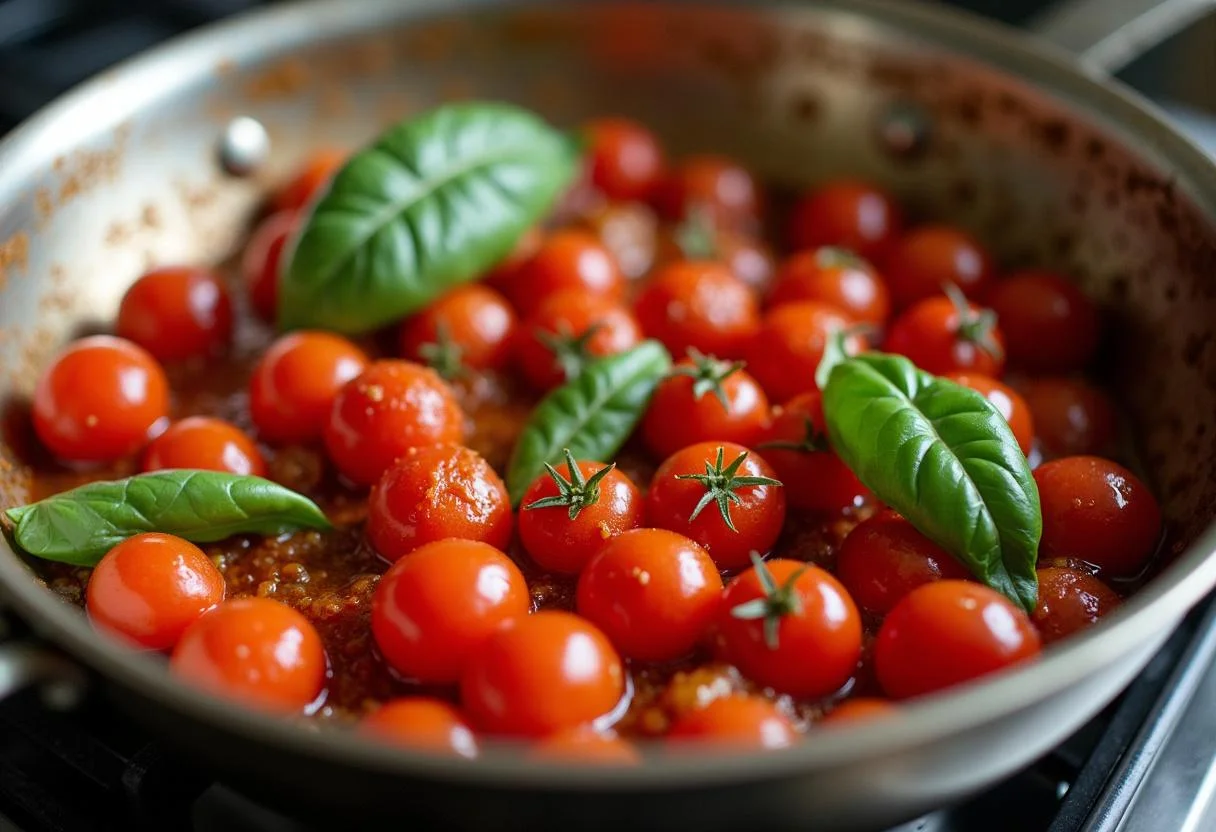 Sautéed tomate cherry garnished with basil in a skillet for Tomate Cherry Salteado.