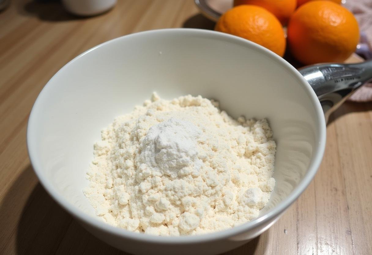 Preparation of ingredients for torta de laranja do marco, featuring flour, sugar, and fresh oranges.