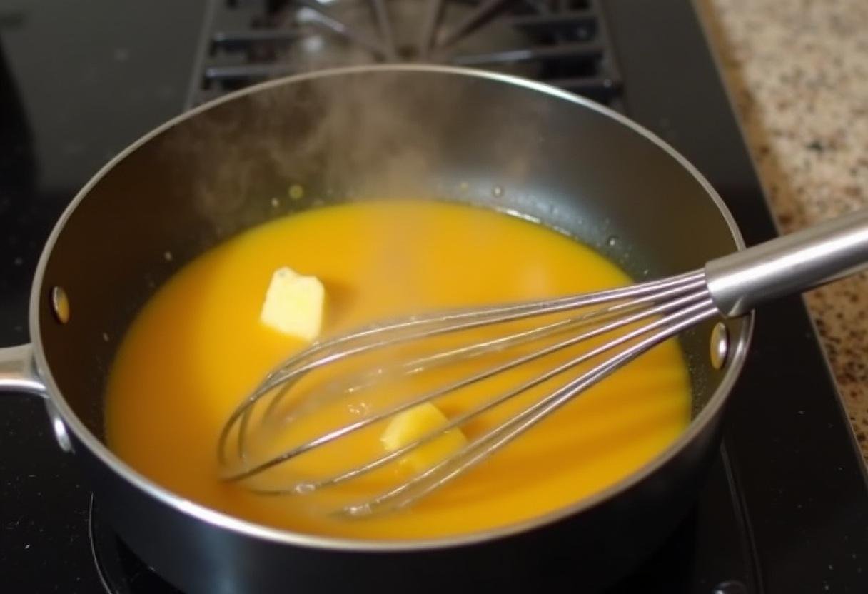 Melting butter and fresh orange juice in a saucepan for torta de laranja do marco receita.