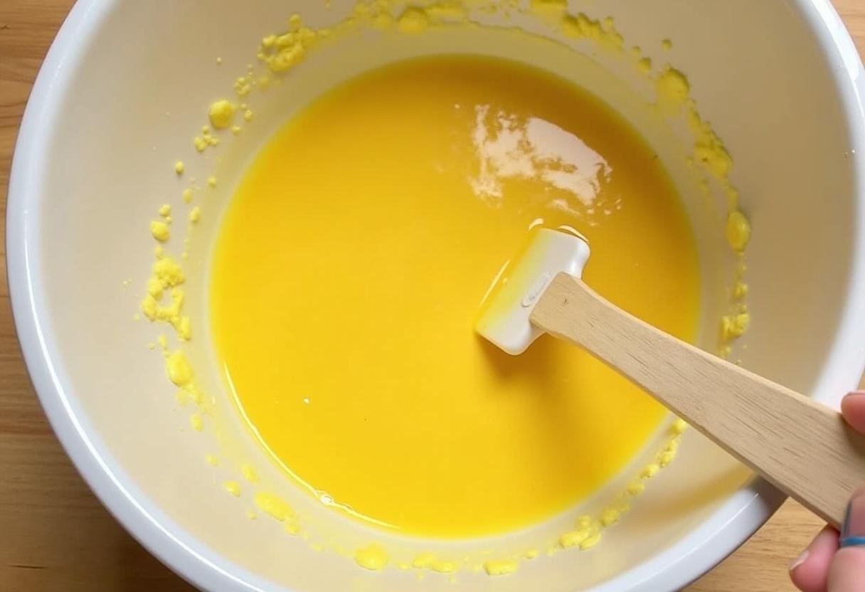 Combining batter for torta de laranja do marco with fresh orange juice and butter.