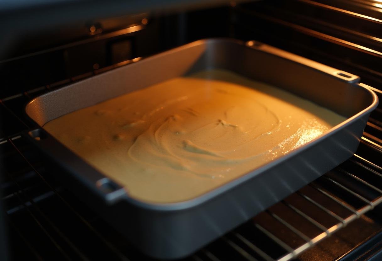 Baking dish with torta de laranja do marco batter being placed in the oven.