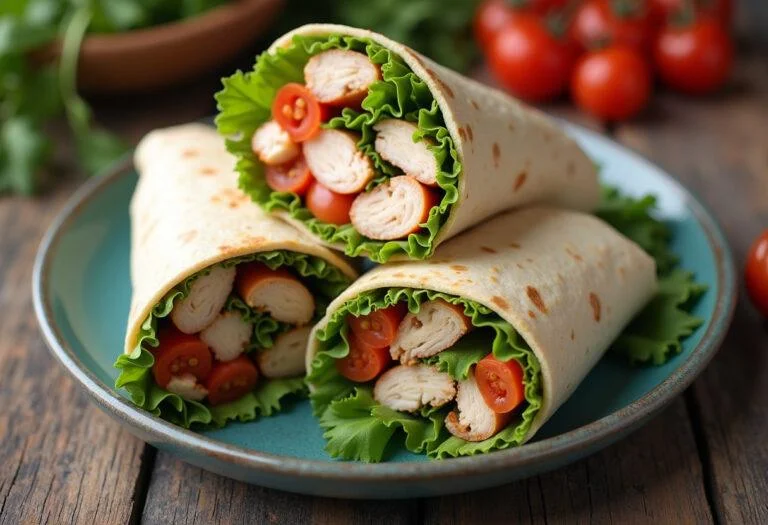 Wrap de frango saudável cortado ao meio, perfeito para uma refeição equilibrada.