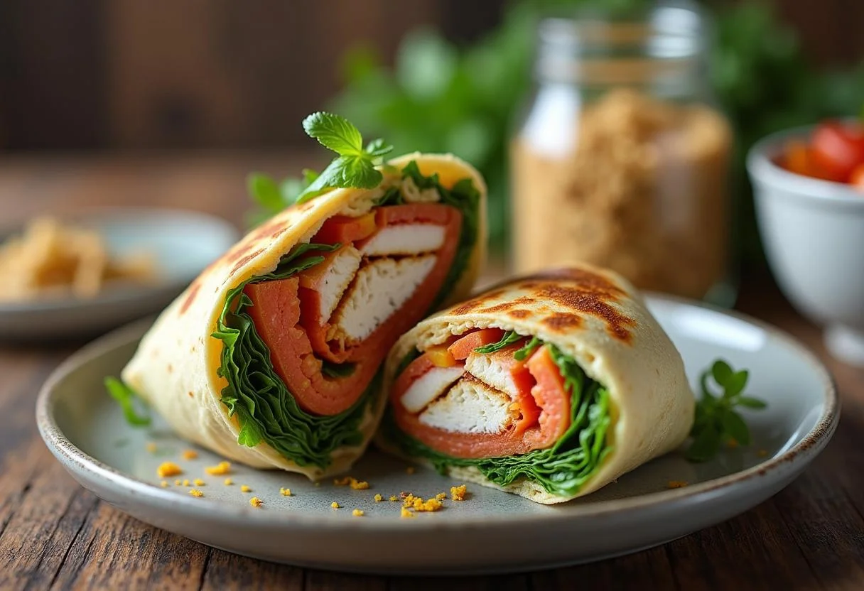 Wrap de frango saudável cortado ao meio, perfeito para uma refeição equilibrada.