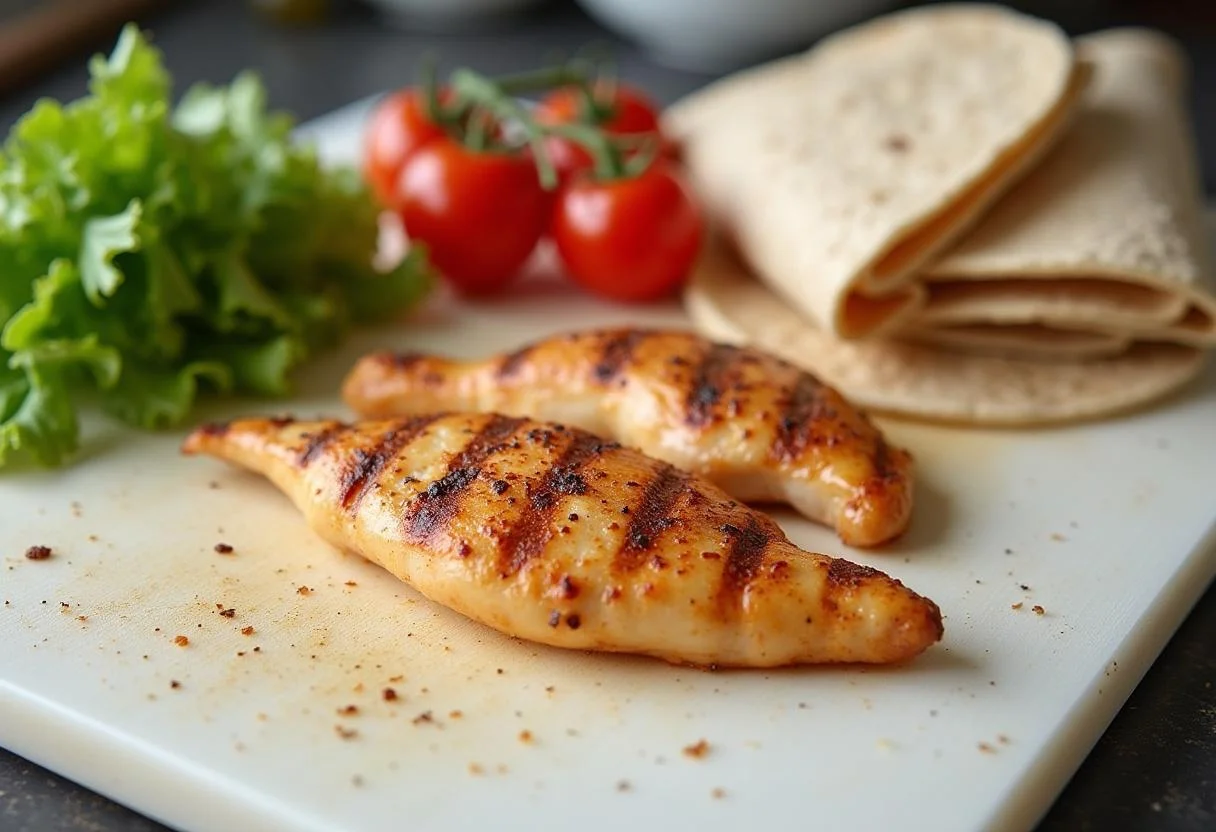 Ingredientes frescos para wrap de frango saudável incluindo peito de frango grelhado e alface.