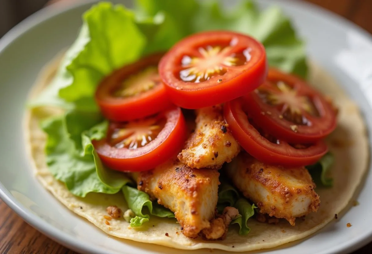 Tomates e alface frescos sendo adicionados ao wrap de frango saudável.