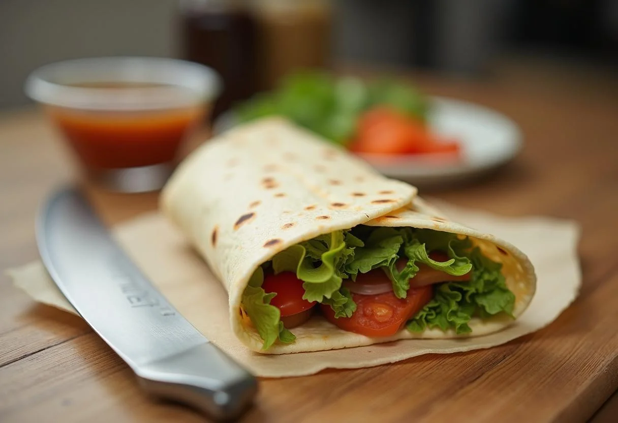 Wrap de frango saudável sendo enrolado antes de servir.
