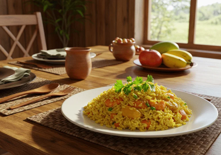 Arroz carolino tradicional servido em um prato, decorado com ervas frescas, ideal para uma refeição caseira.