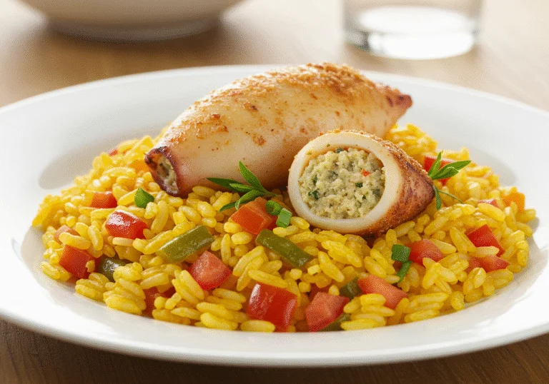 Delicious Arroz de Pota served with stuffed calamari and garnished herbs.