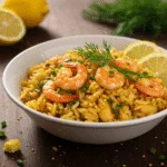 Prato final de arroz de tamboril com gambas, ótimo para refeições familiares.