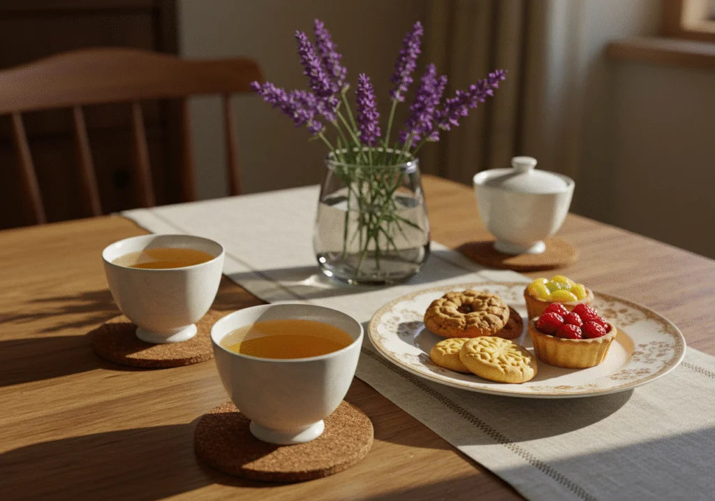 Enjoying chá kukicha beneficios with cups of tea and light snacks for a perfect tea time.