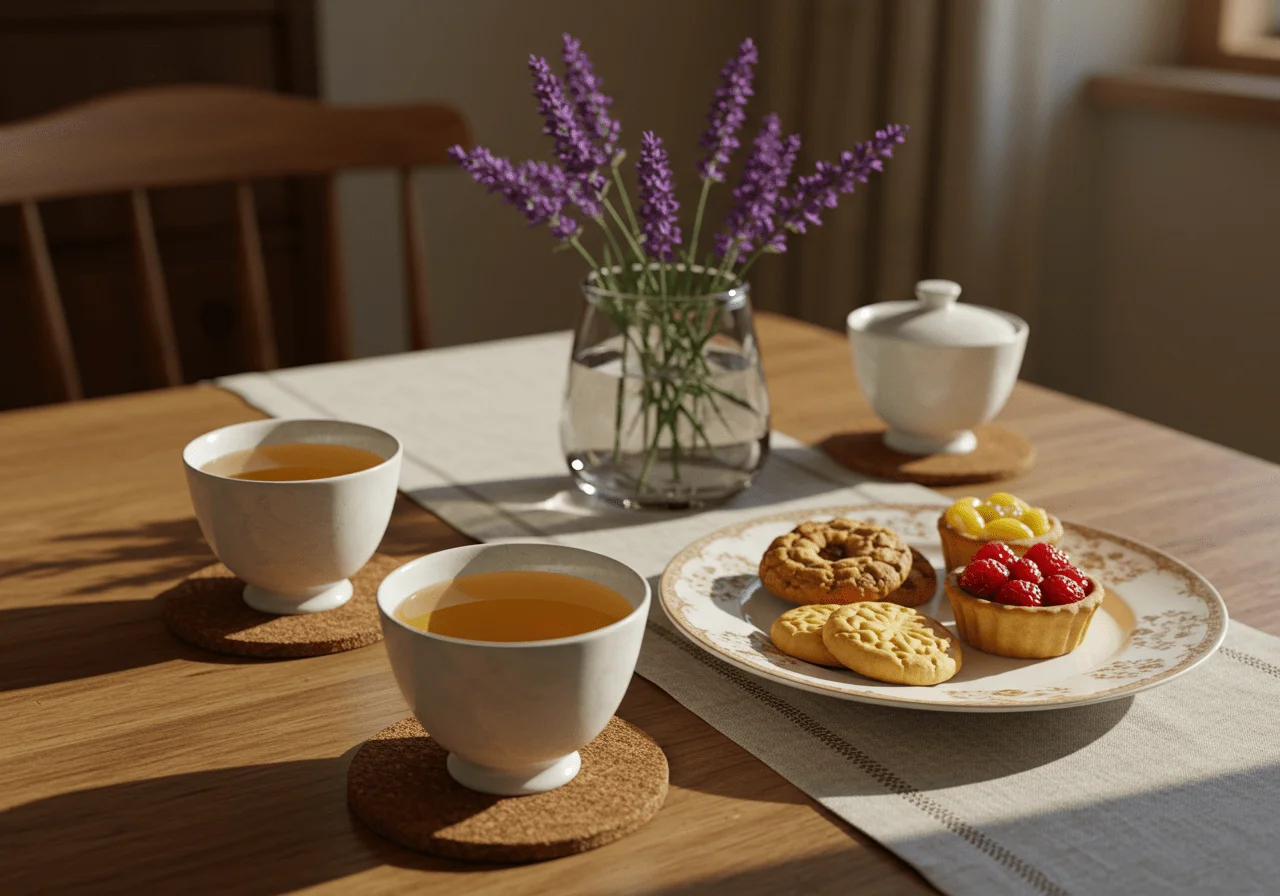 Enjoying chá kukicha beneficios with cups of tea and light snacks for a perfect tea time.