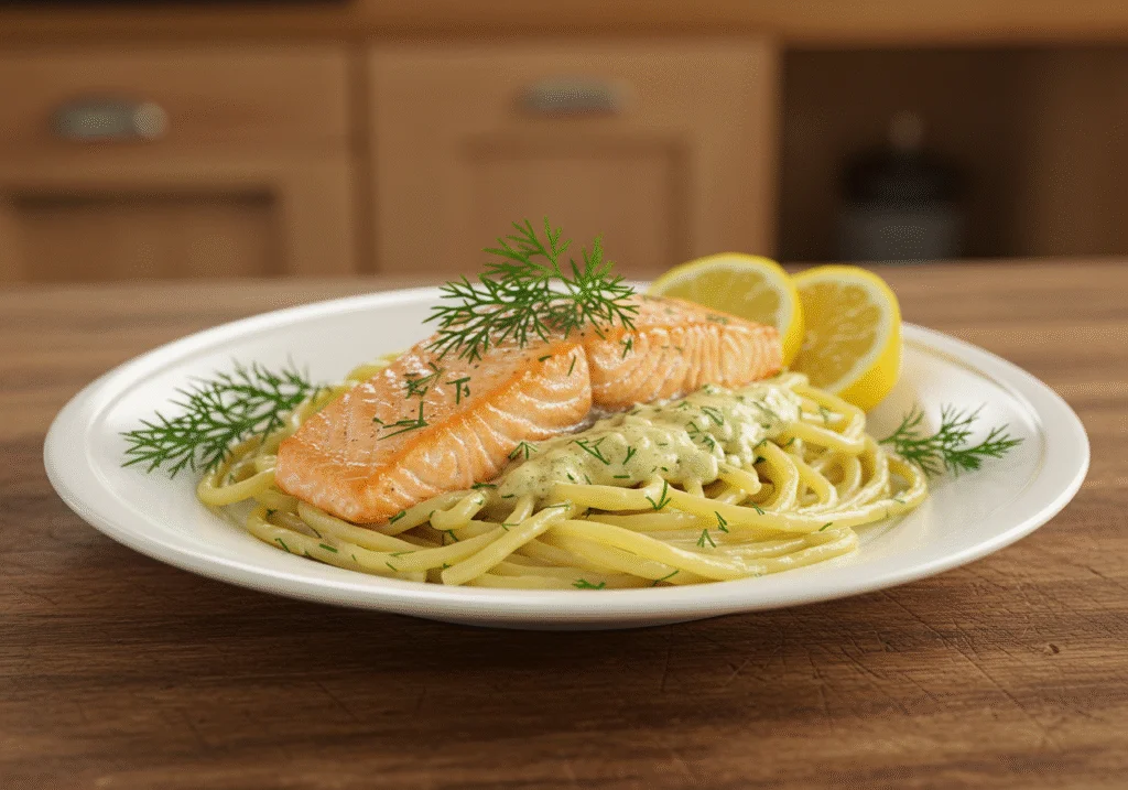 Delicious massa com salmão served with dill and lemon, a perfect gourmet dish.