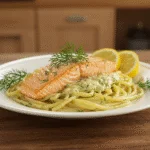 Delicious massa com salmão served with dill and lemon, a perfect gourmet dish.