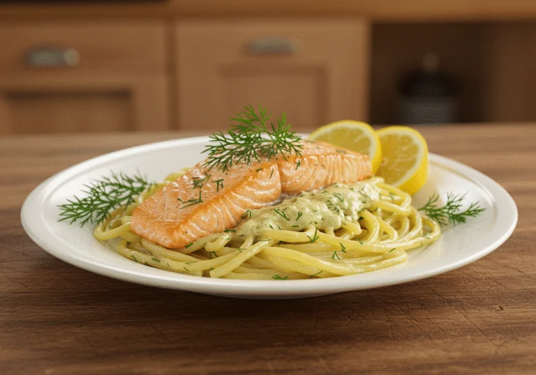 Delicious massa com salmão served with dill and lemon, a perfect gourmet dish.