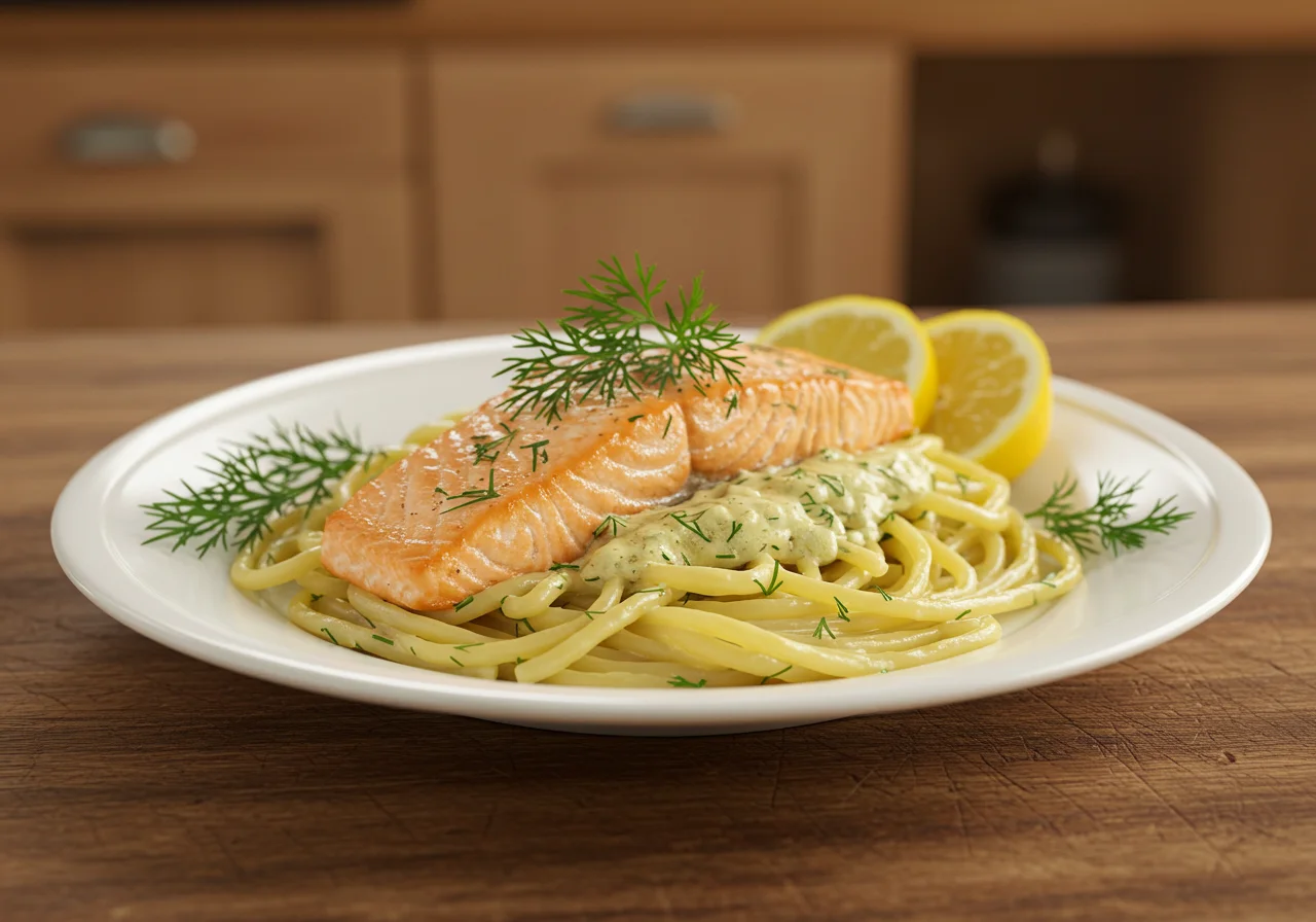 Delicious massa com salmão served with dill and lemon, a perfect gourmet dish.