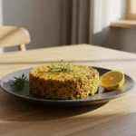 Massa de atum finalizada, decorada com ervas frescas e limão, pronta para saborear.