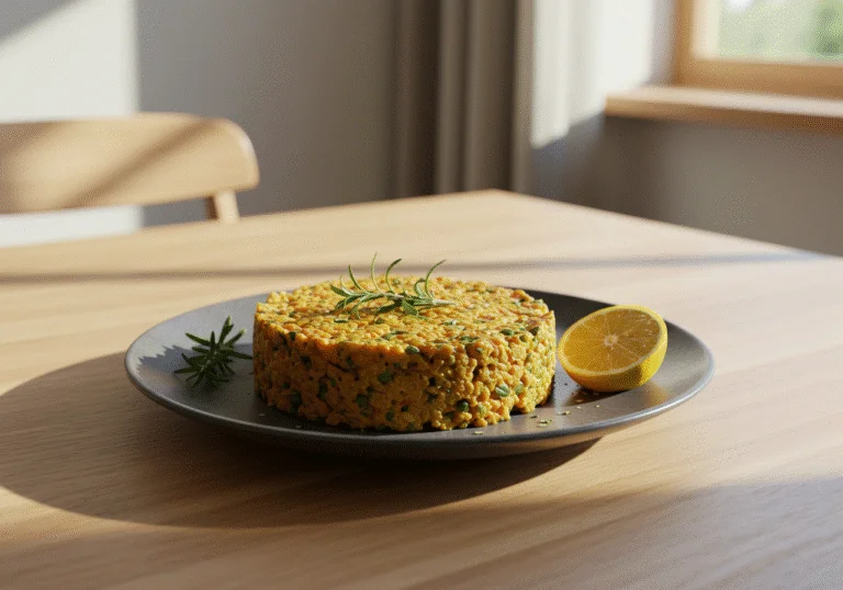 Massa de atum finalizada, decorada com ervas frescas e limão, pronta para saborear.
