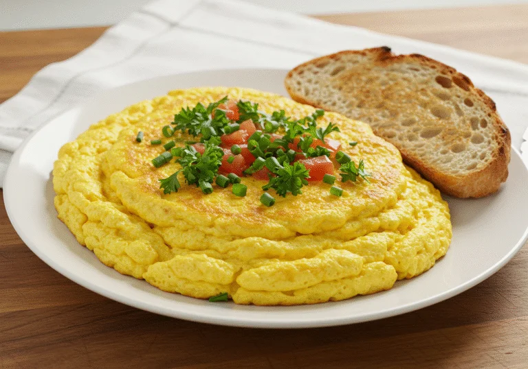 Fluffy ovo mexido calorias garnished with herbs, served elegantly for a healthy meal.