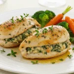 Peito de frango recheado servido em um prato com legumes frescos.