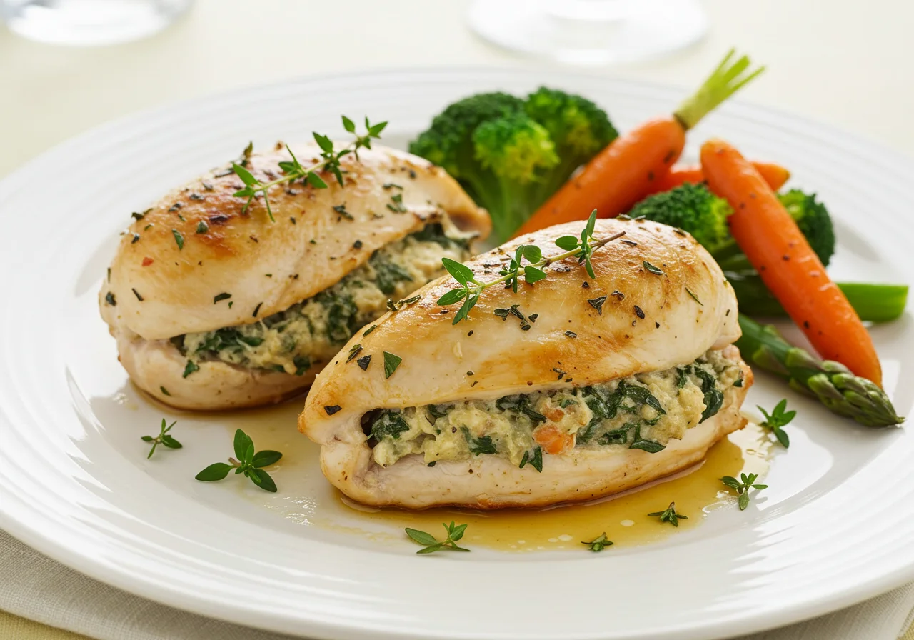 Peito de frango recheado servido em um prato com legumes frescos.