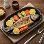 Delicious grilled peixe agulha served with vegetables, perfect for a meal.