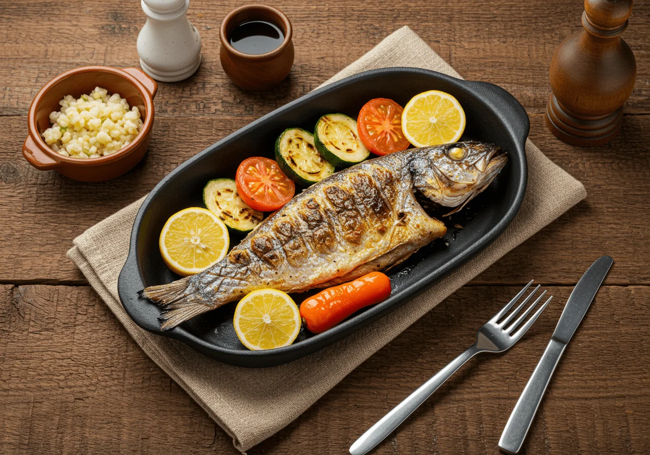 Delicious grilled peixe agulha served with vegetables, perfect for a meal.