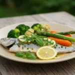 Peixe ao vapor simples servido com legumes, ideal para um almoço saudável.