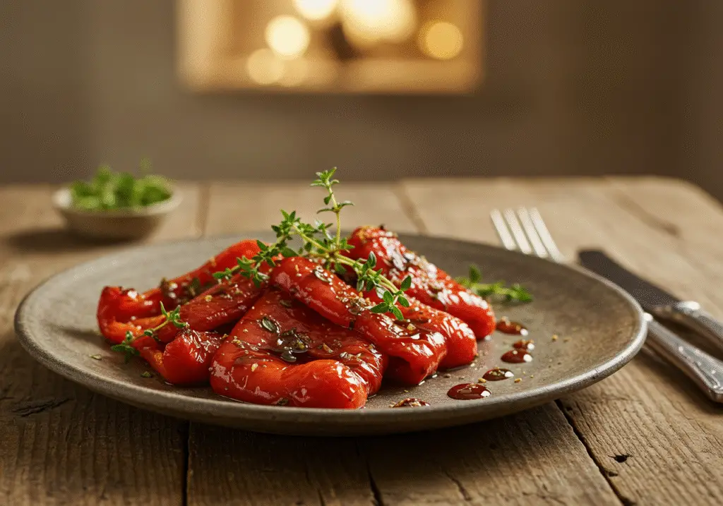 Pimentos vermelhos assados decorados com ervas frescas, perfeitos para uma refeição.