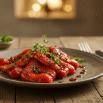 Pimentos vermelhos assados decorados com ervas frescas, perfeitos para uma refeição.